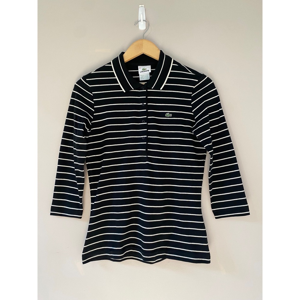 Lacoste EUC Womens 3/4 Sleeve Stripe Polo Shirt Black White Made France Size 40